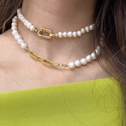 Aurélie Baroque Pearl Necklace with Gold Link Chain