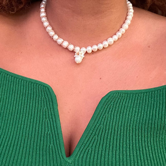 Céline Freshwater Pearl Necklace with Filigree Flower Charm